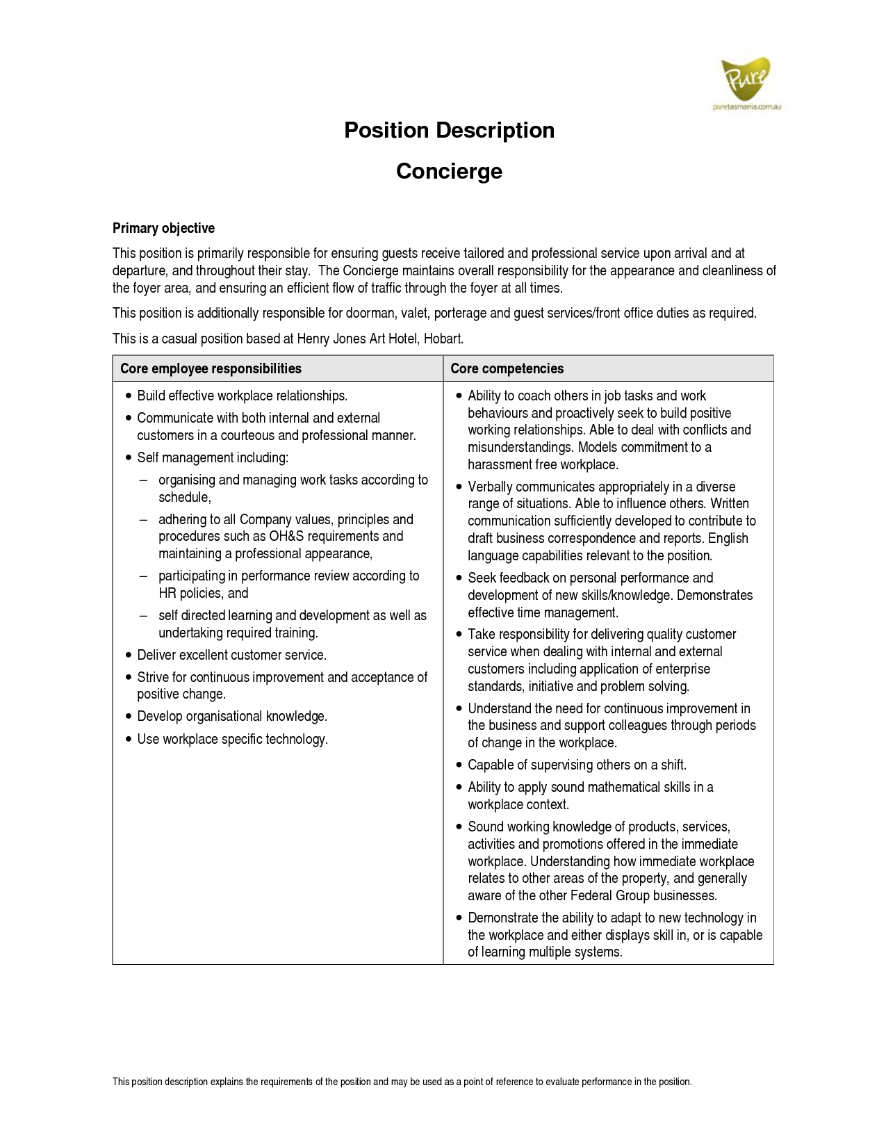 resume description for concierge