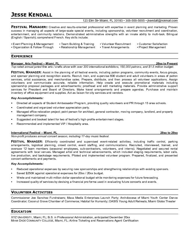 Resume for event manager sample