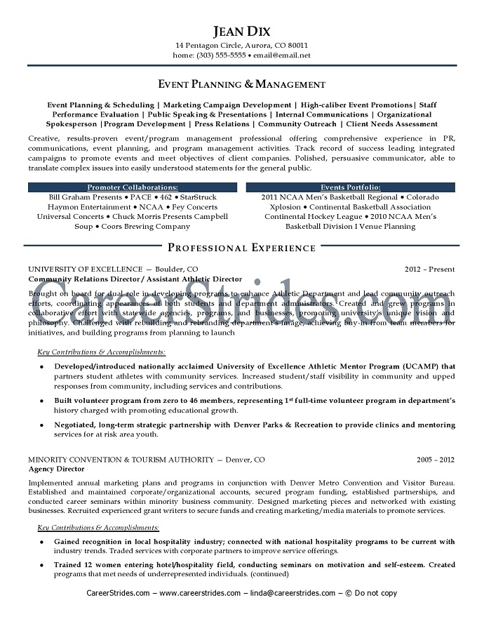 Events sample resume