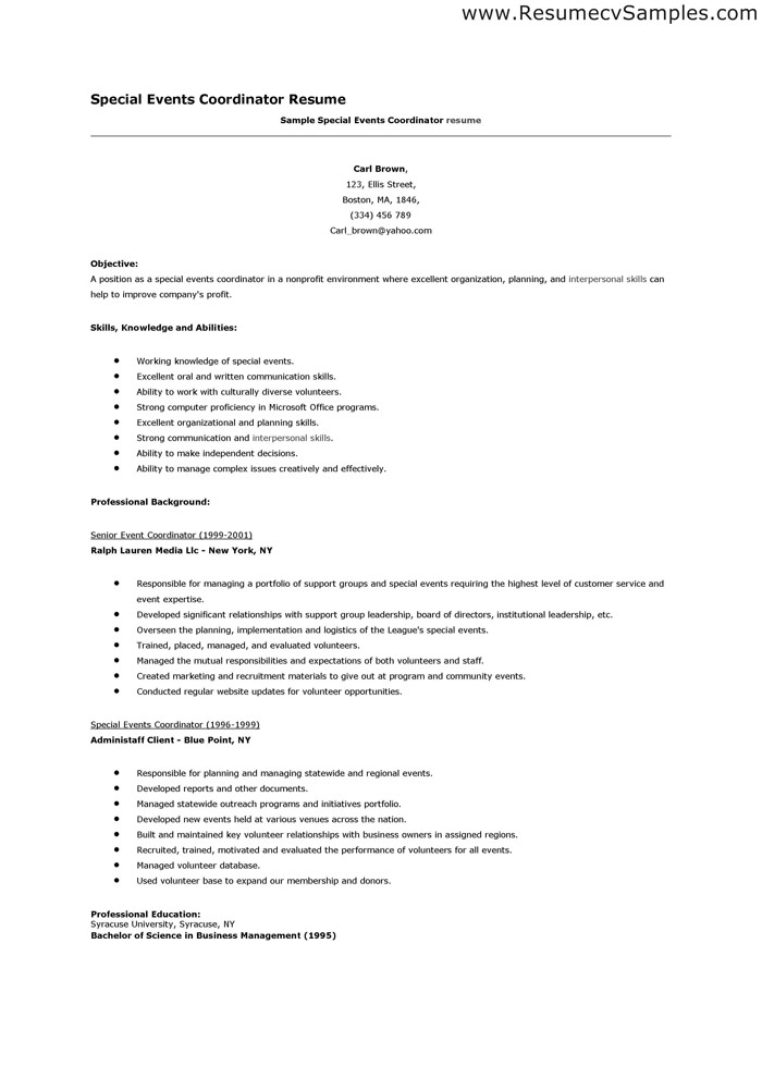 special events coordinator resume samples