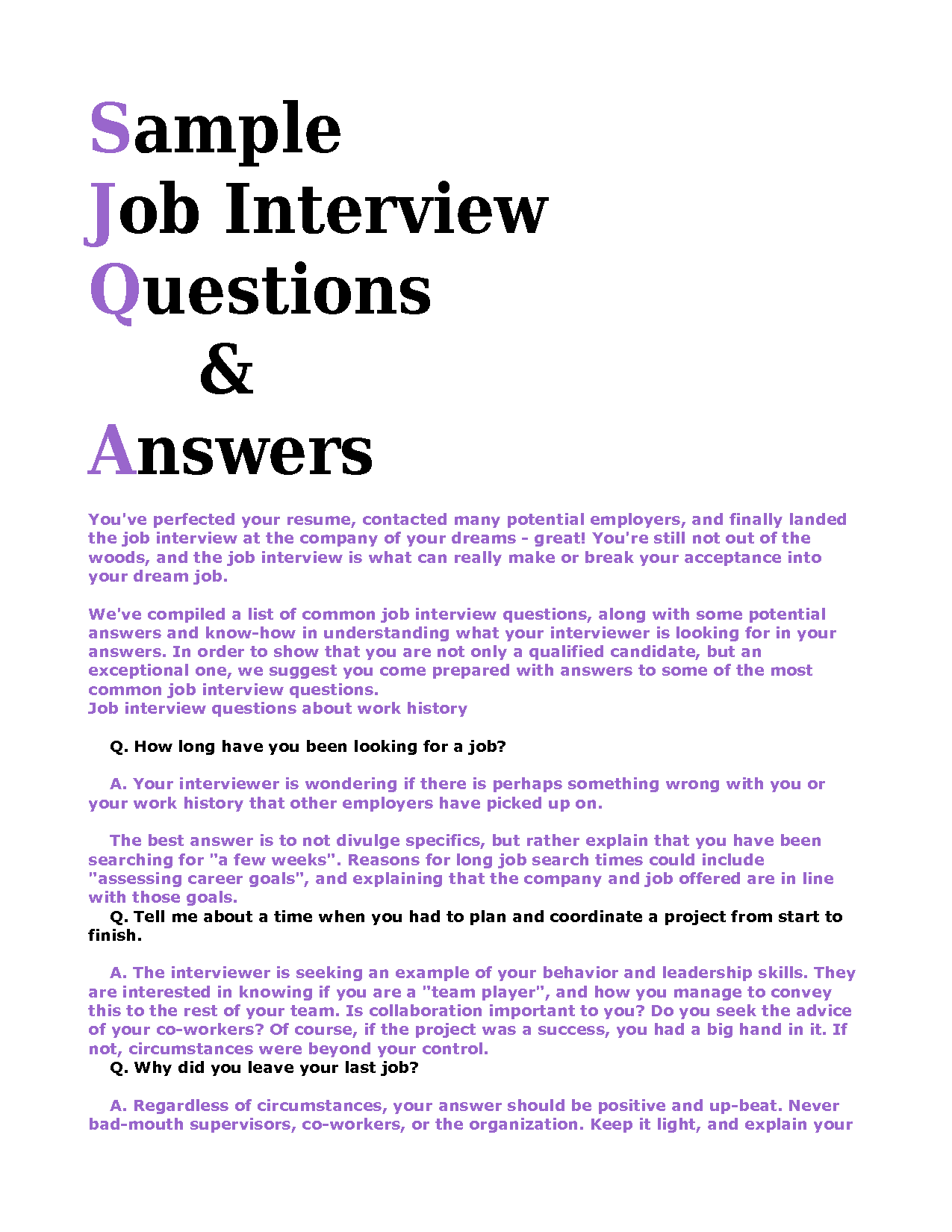 Possible questions in a job interview with answers