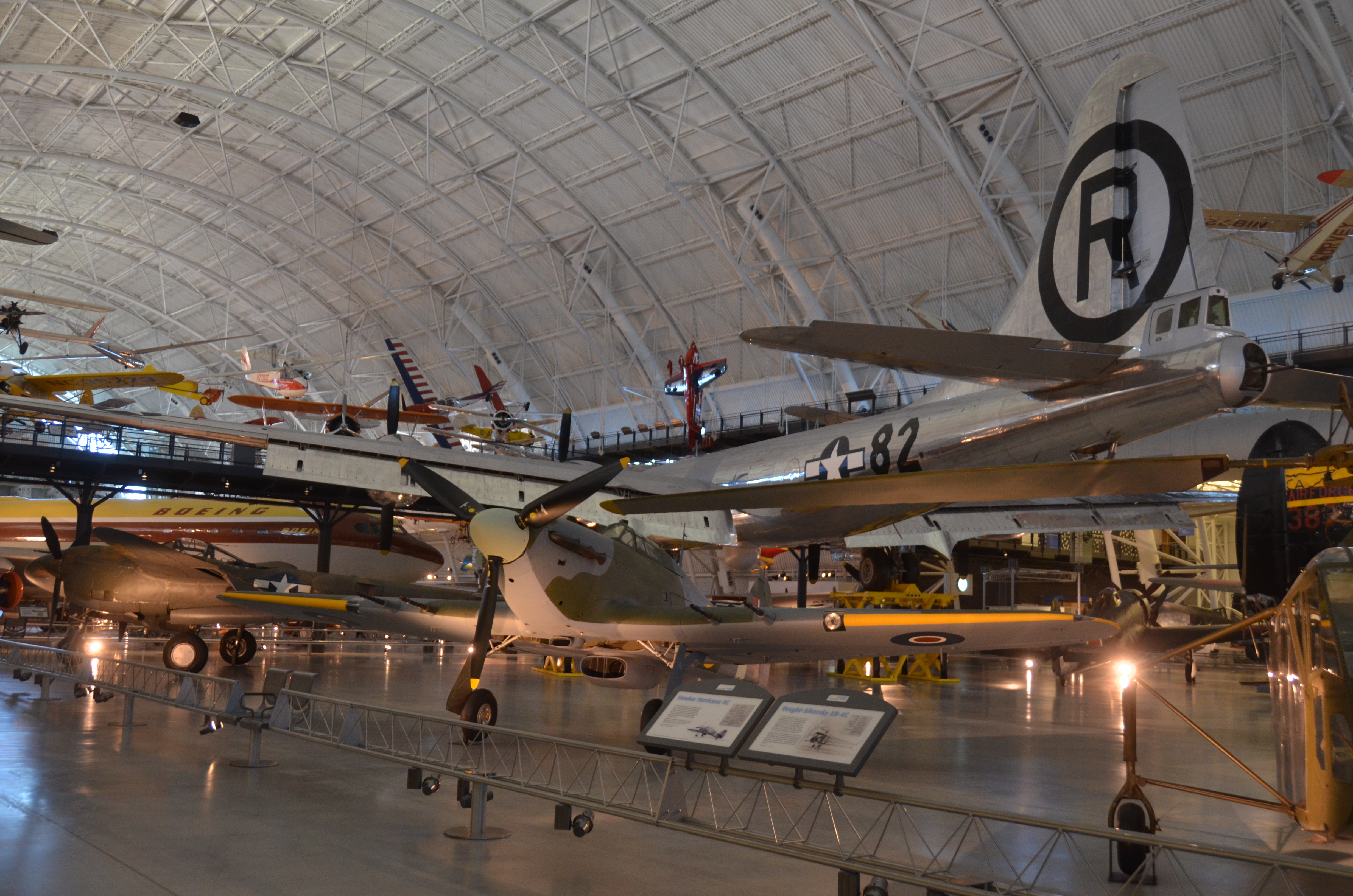 Steven F. Udvar-Hazy Center: British Hawker Hurricane, with P-38 Lightning and B-29 Enola Gay behind it
