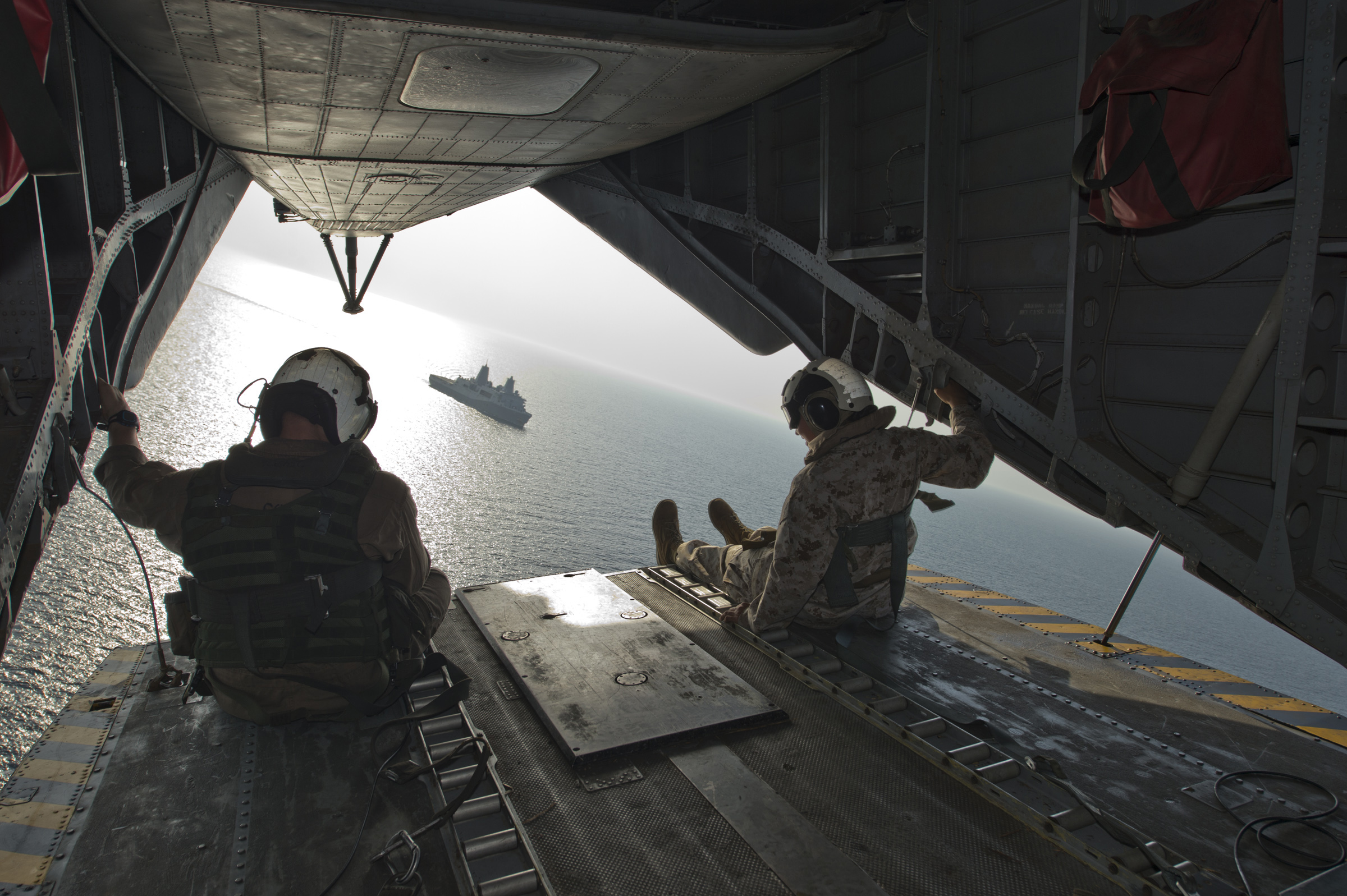 Marines observe USS San Antonio from MH-53.