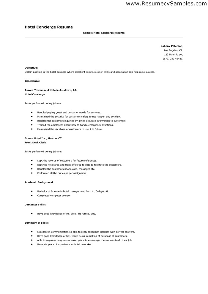 concierge manager resume