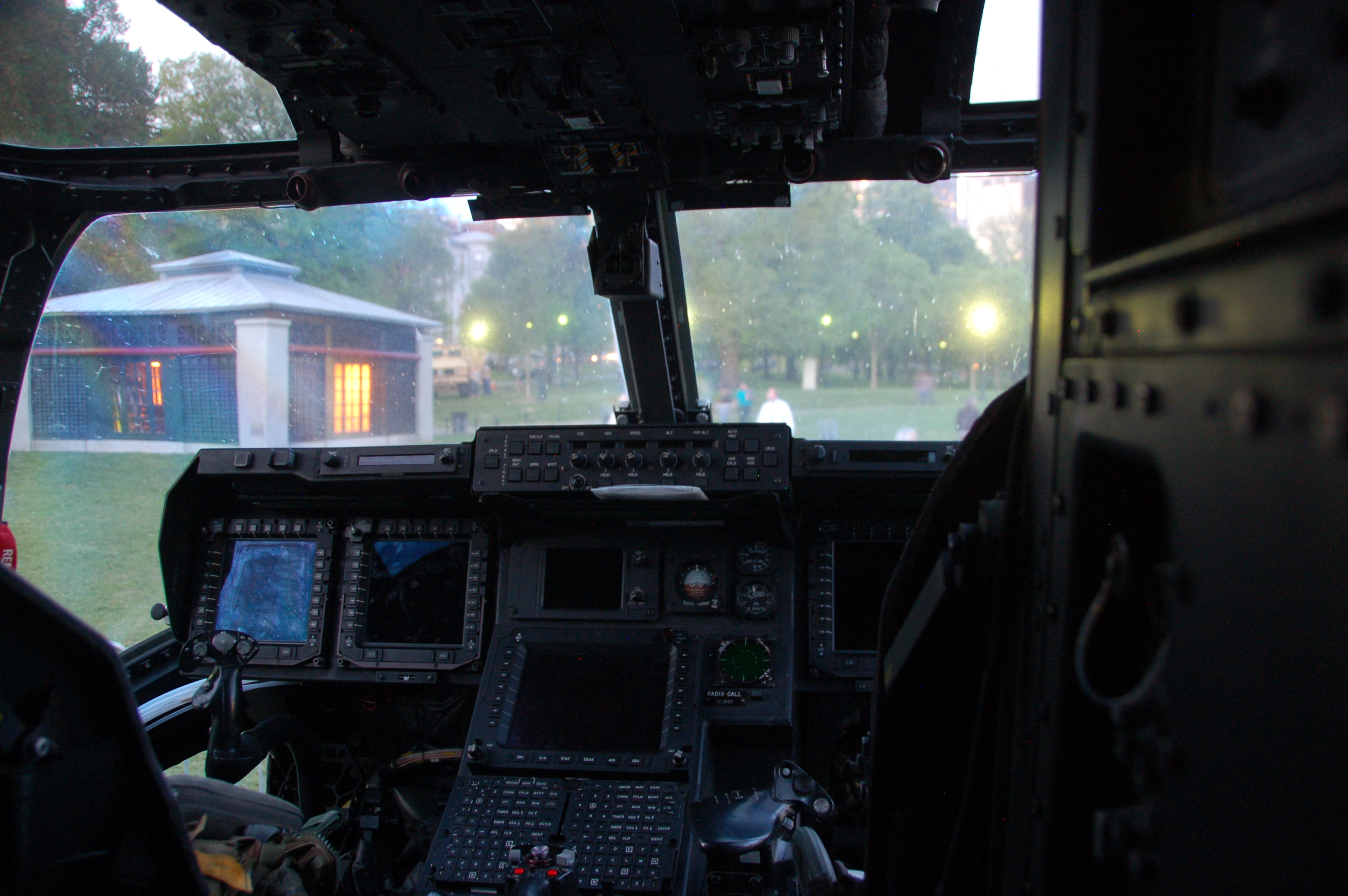 Marine Week Boston, 2010: Bell-Boeing MV-22B Osprey cockpit, looking at the entrance to the Boston Common parking garage