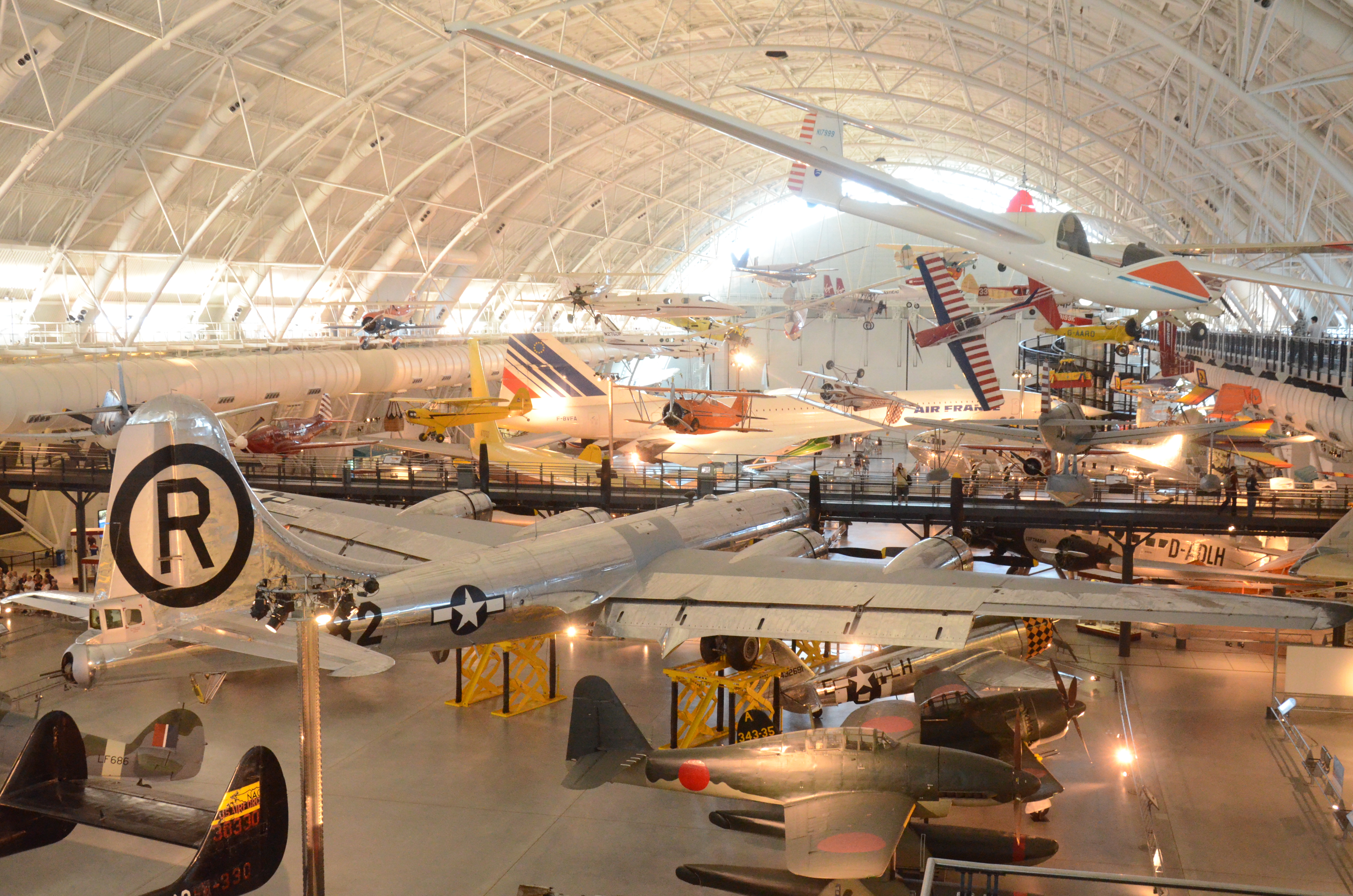 Steven F. Udvar-Hazy Center: View of south hangar, including B-29 Superfortress "Enola Gay", a glimpse of the Air France Concorde, and many others