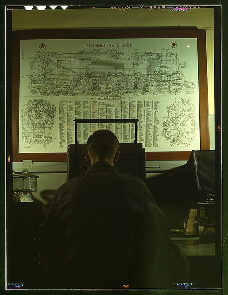 Locomotive lubrication chart in the laboratory of the Chicago and Northwestern Railroad. The laboratory assistant in foreground is working at a precision balance. Chicago, Ill  (LOC)
