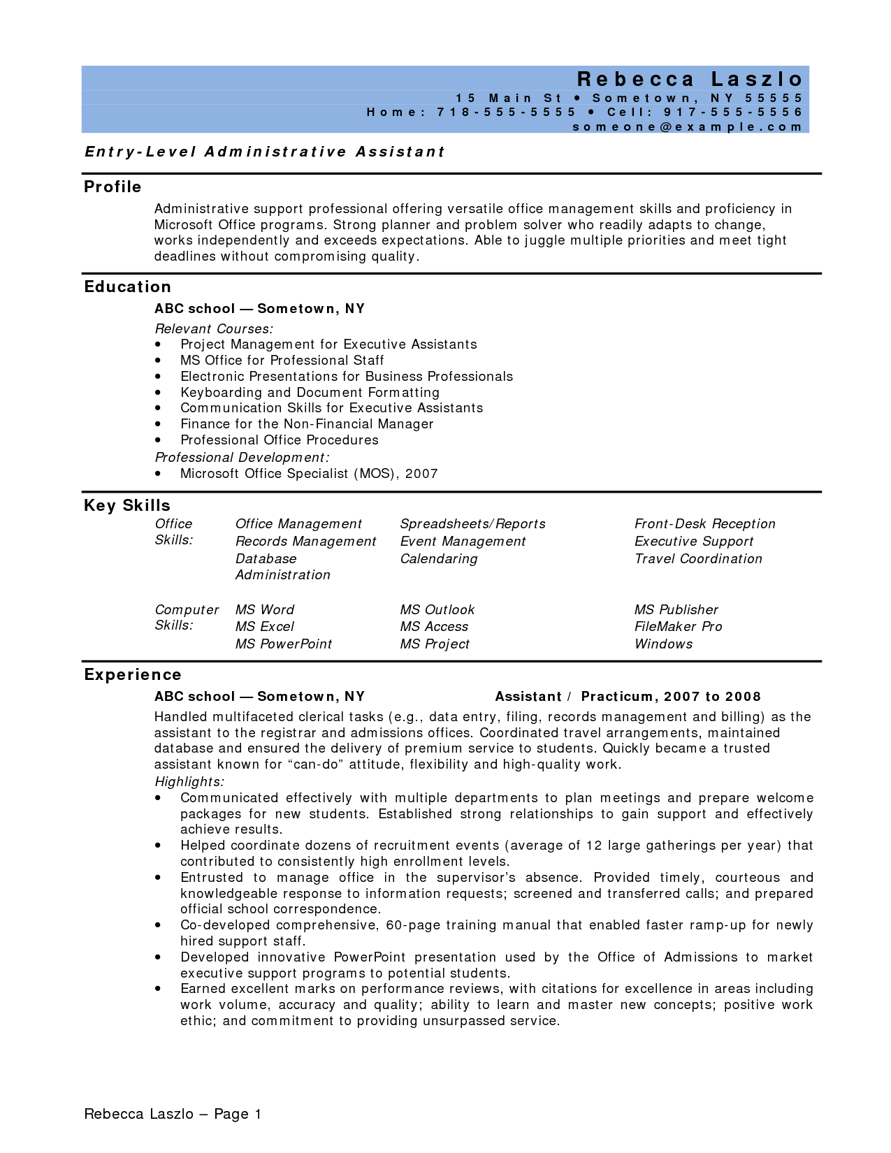 Professional skills for Administrator. Entry level