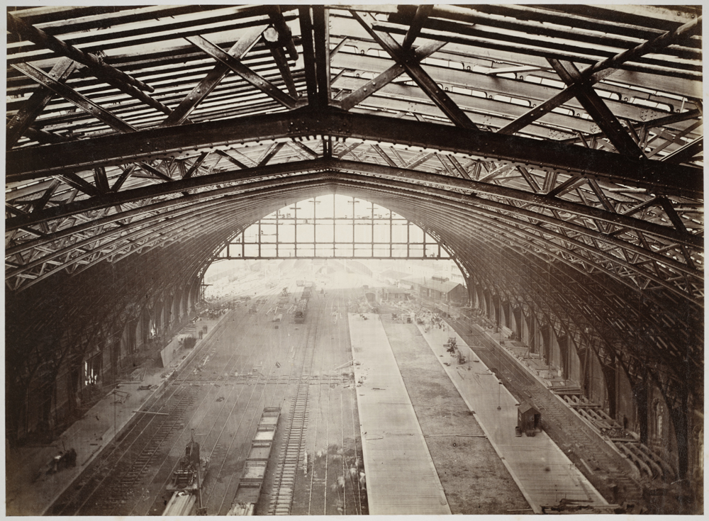 St Pancras station, view from the roof towards the platforms, 1868