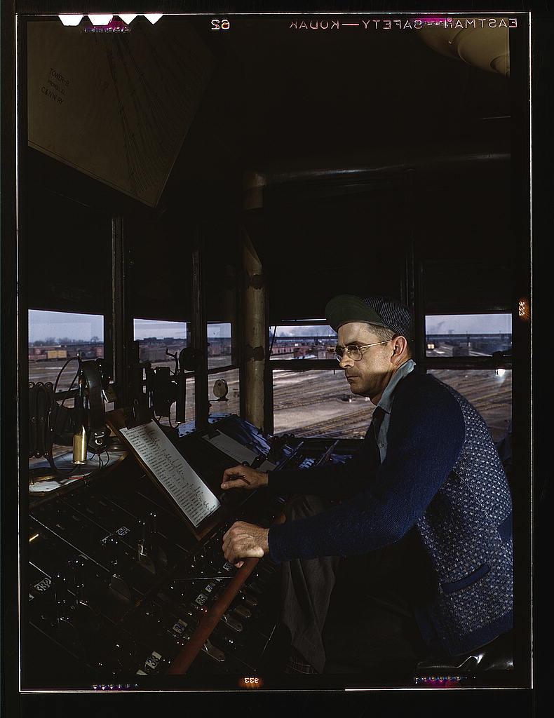C&NWRR, towerman R.W. Mayberry of Elmhurst, Ill., at the Proviso yard. He operates a set of retarders and switches at the hump, Melrose Park (near Chicago), Ill.  (LOC)