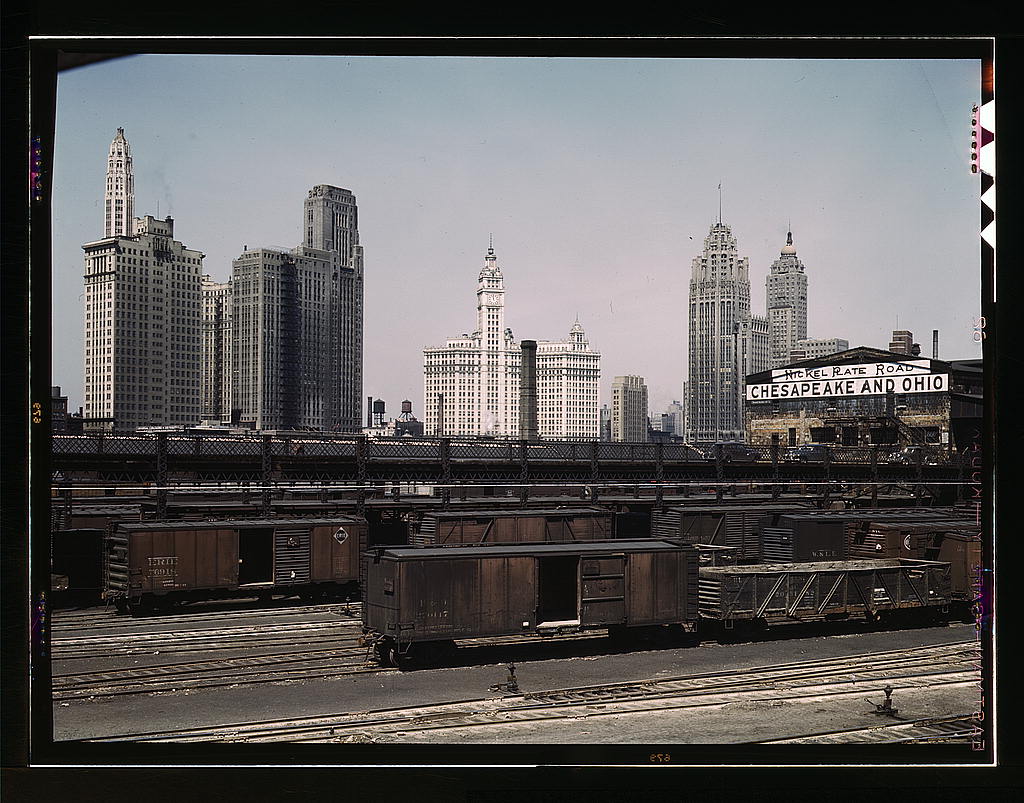 Illinois Central R.R., freight cars at the South Water Street freight terminal, Chicago, Ill. The C & O and Nickel Plate Railroads lease part of this terminal from the I.C.R.R.  (LOC)